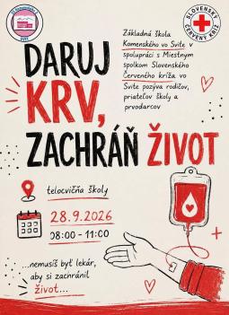 Darovanie krvi 28. septembra 2026 v telocvični ZŠ Komenského, Svit