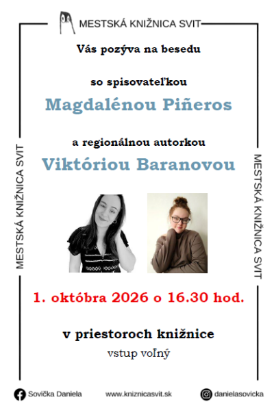 Beseda s Magdalénou Pineros a Viktóriou Baranovou 1. októbra 2026 v Mestskej knižnici Svit